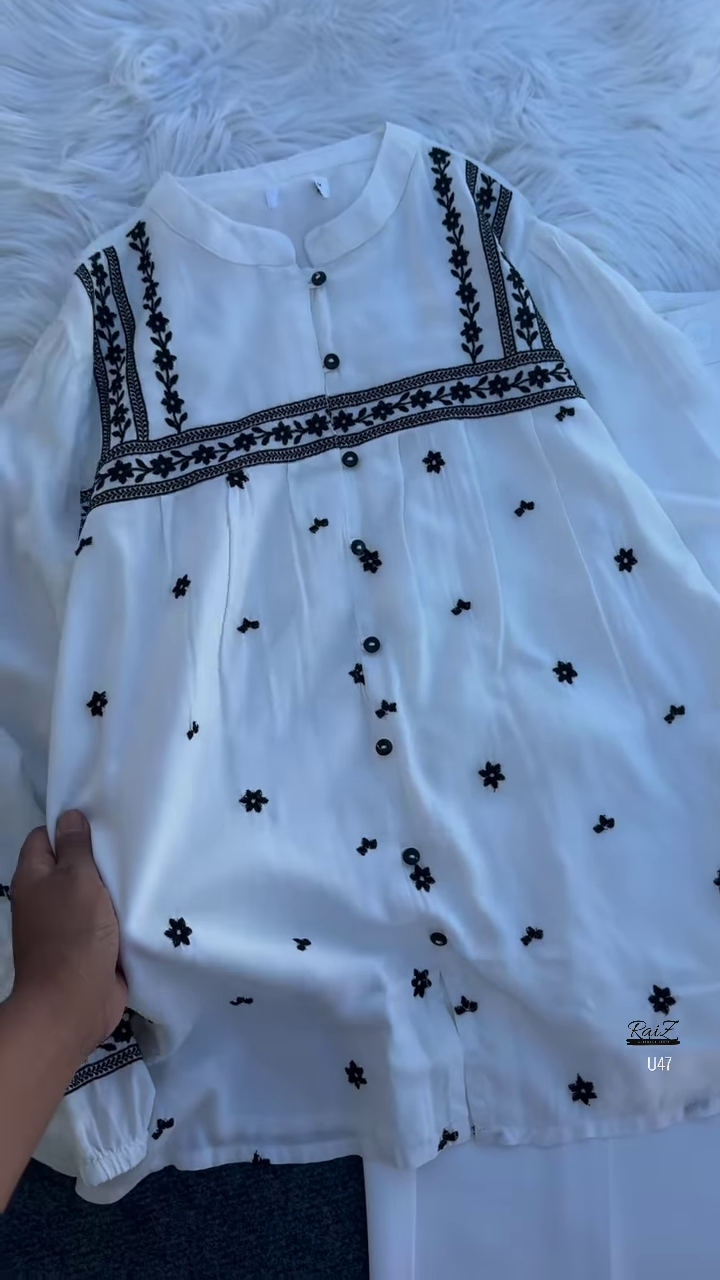 White Floral Embroidered Kurta Set with Wide-Leg Trousers – Elegant Indo-Western Fusion for Everyday Grace