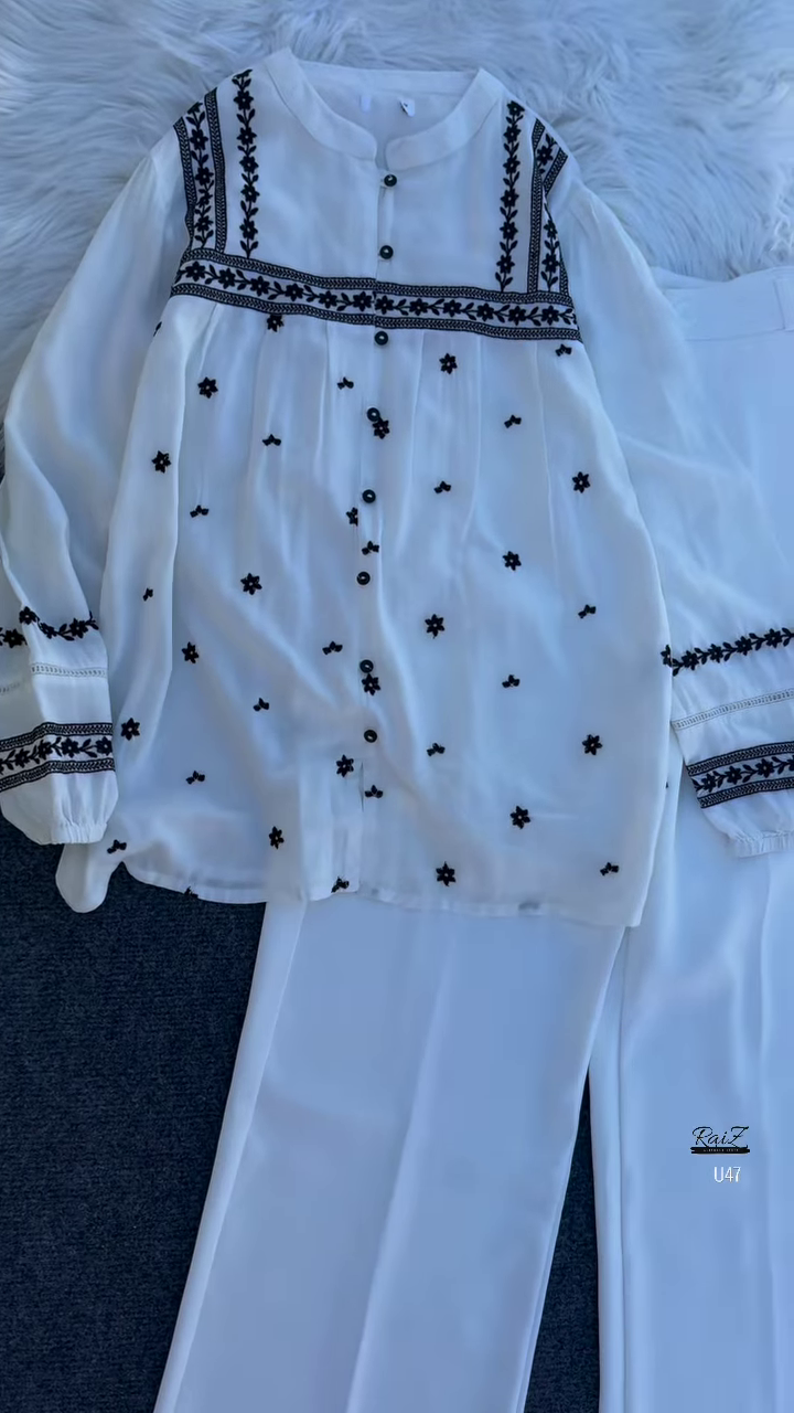 White Floral Embroidered Kurta Set with Wide-Leg Trousers – Elegant Indo-Western Fusion for Everyday Grace