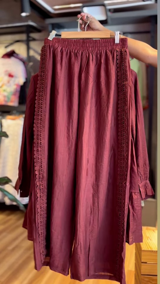 Elegant Maroon Co-ord Set with Delicate Lace Details – Stylish Women’s Top and Bottoms