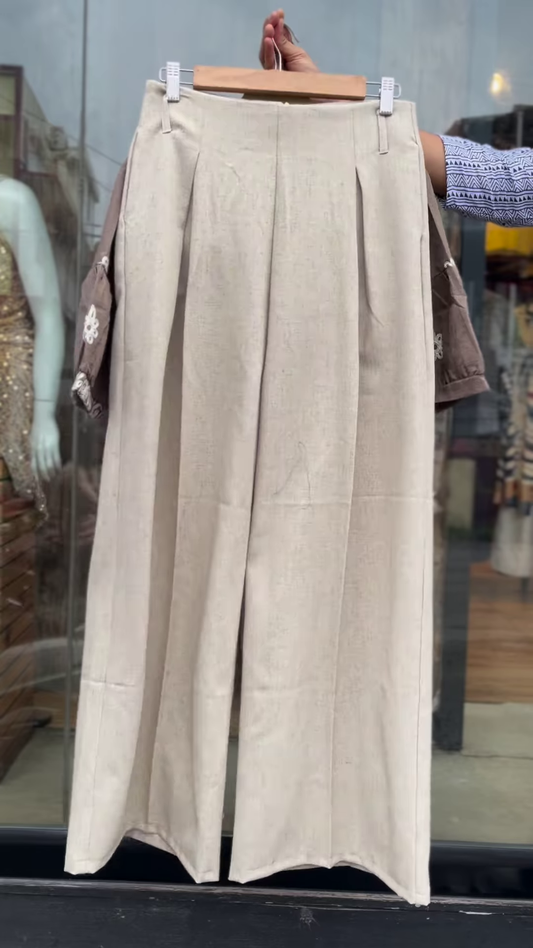 Elegant Taupe Co-ord Set with White Embroidered Details – Women’s Casual Chic Outfit