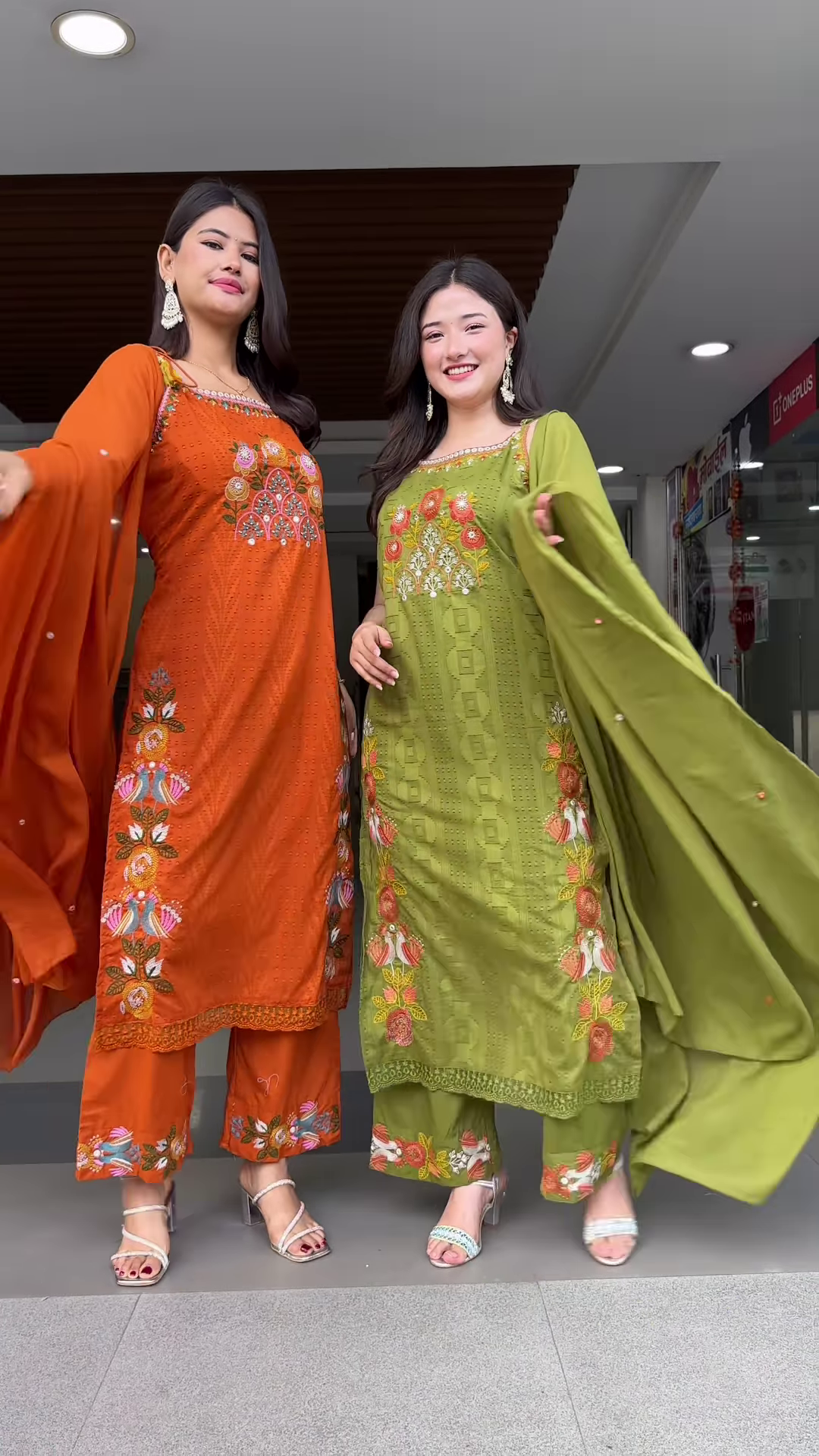 Vibrant Embroidered Ethnic Sets for Women – Orange & Olive Green Festive Wear