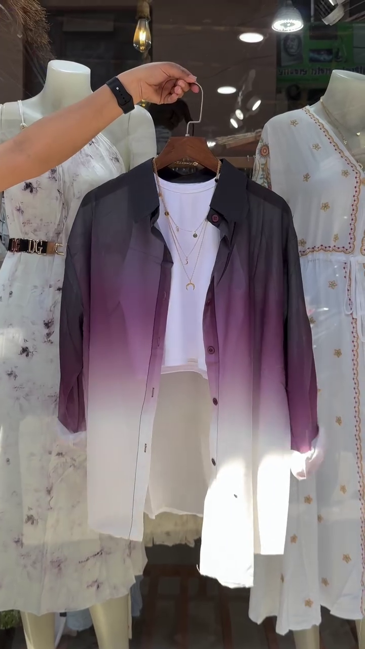 Women’s Gradient Purple-White Button-Up Shirt with Layered Necklace and Crop Top – Trendy Street Style