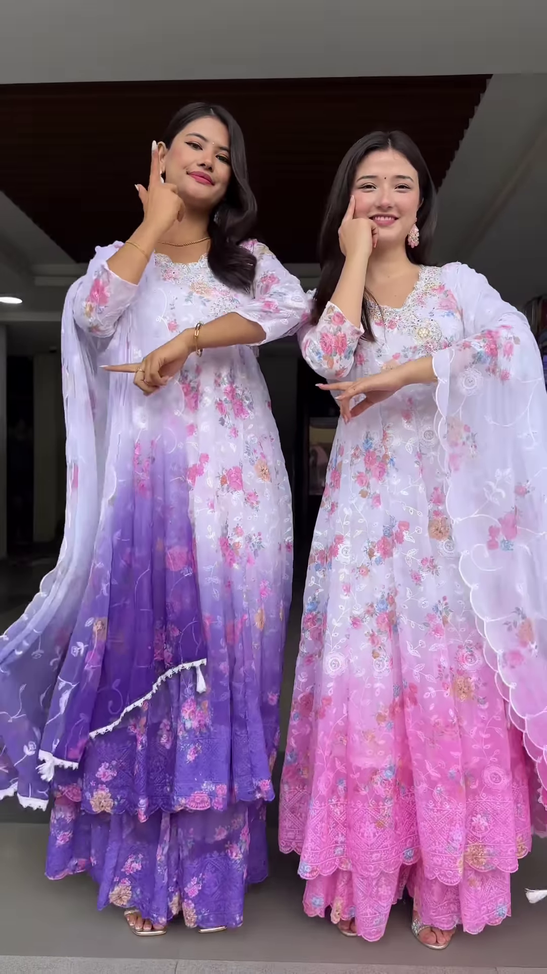 Women’s Gradient Embroidered Flared Maxi Dress – Ethnic Floral Festival Wear (Pink & Purple Variants)