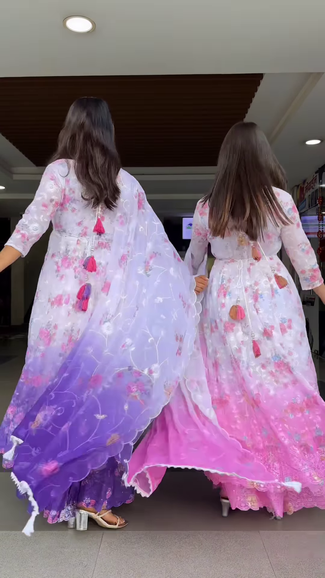 Women’s Gradient Embroidered Flared Maxi Dress – Ethnic Floral Festival Wear (Pink & Purple Variants)