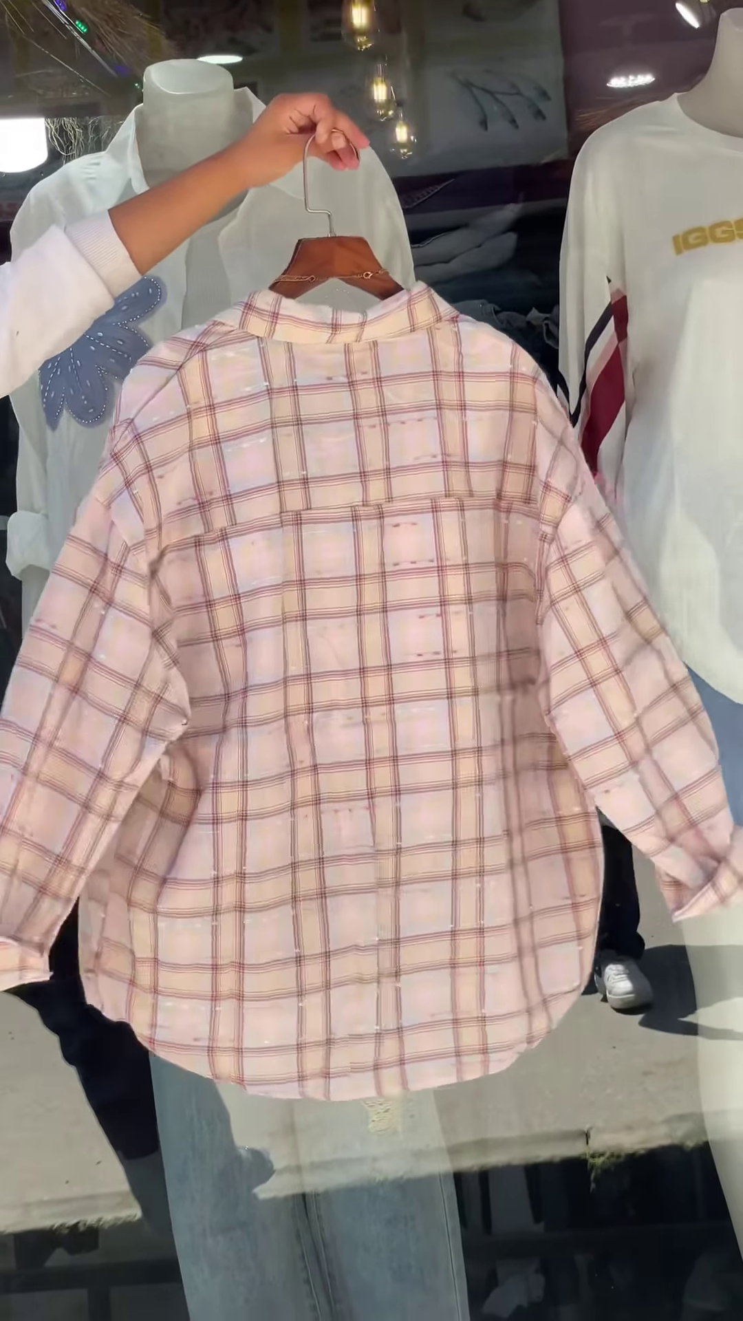 Women’s Pink & White Checkered Overshirt with White Tank Layer – Casual Street Style with Celestial Necklace Accent