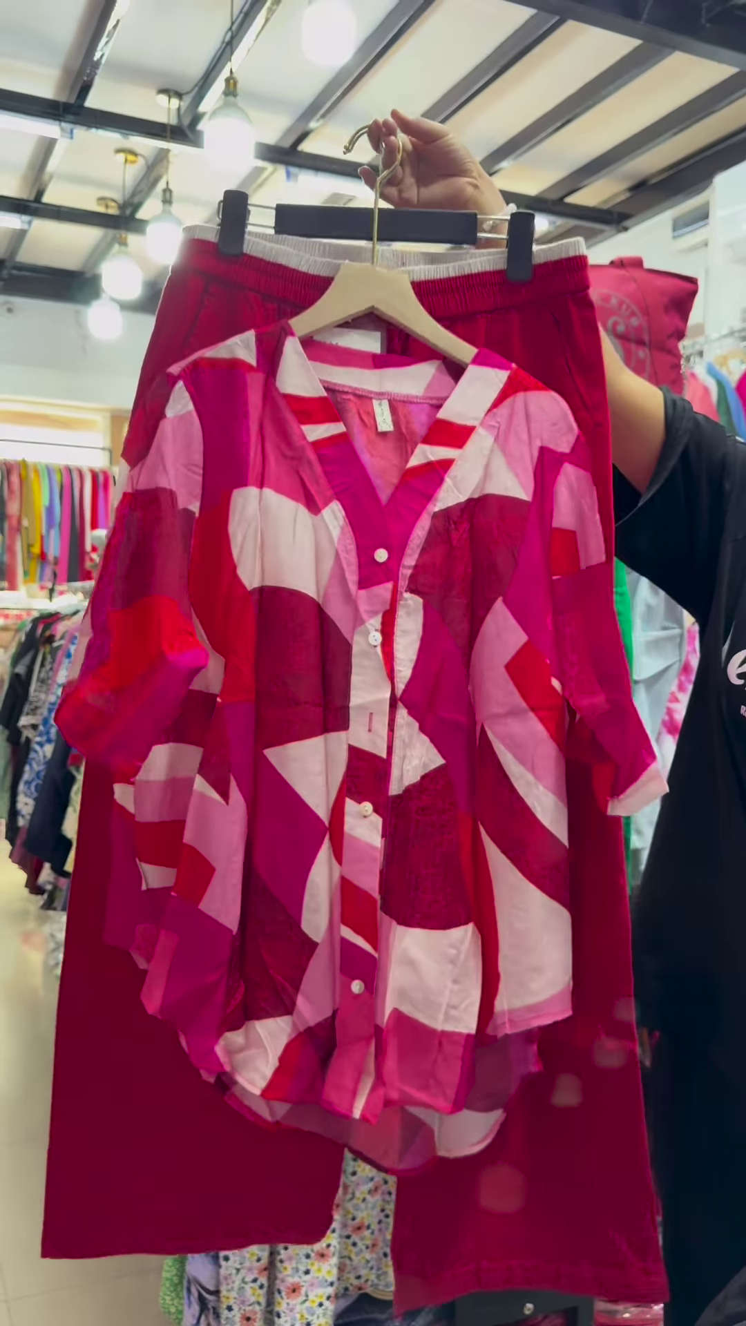 Unisex Geometric Print Button-Up Shirt with Solid Green Skirt – Contemporary Streetwear Fusion