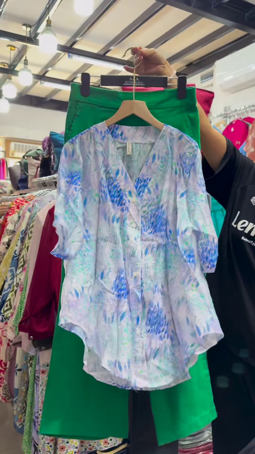 Unisex Geometric Print Button-Up Shirt with Solid Green Skirt – Contemporary Streetwear Fusion