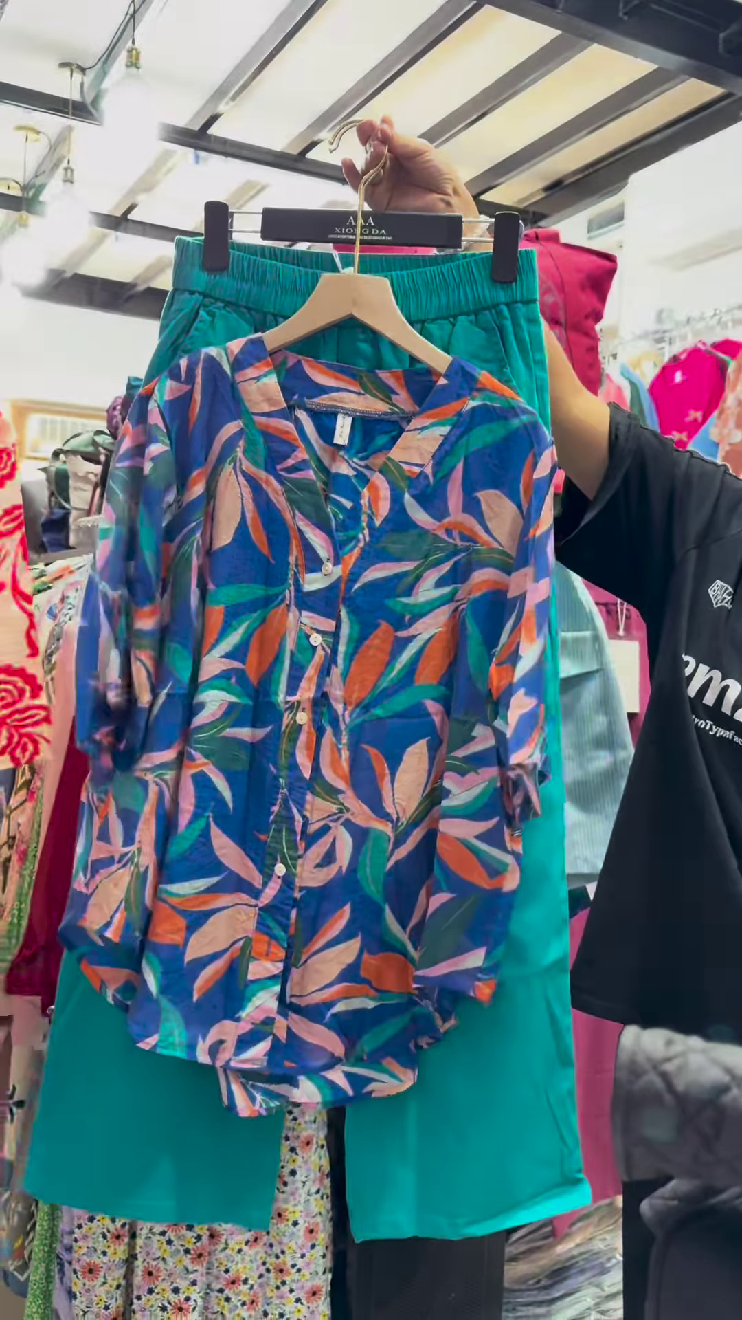 Unisex Geometric Print Button-Up Shirt with Solid Green Skirt – Contemporary Streetwear Fusion