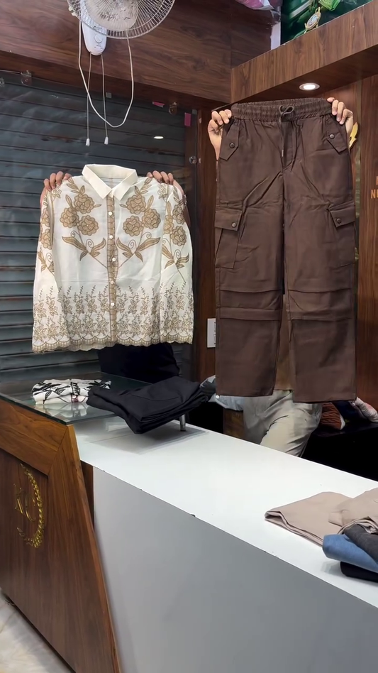 Unisex Maroon Embroidered White Shirt with Black Pants – Casual Ethnic Fusion Ensemble