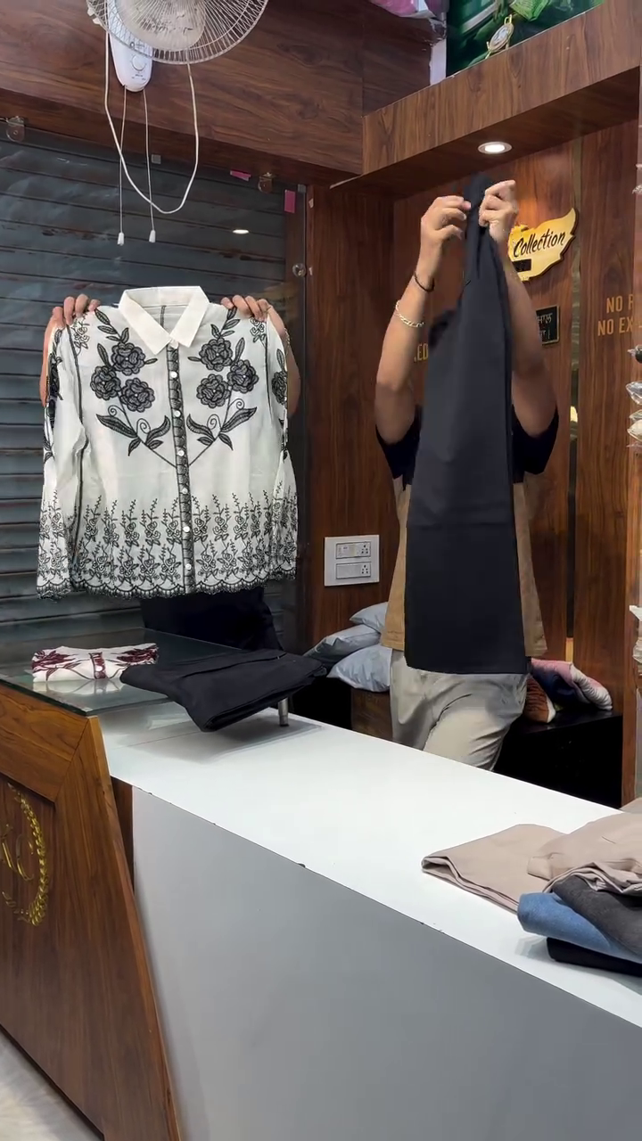 Unisex Maroon Embroidered White Shirt with Black Pants – Casual Ethnic Fusion Ensemble