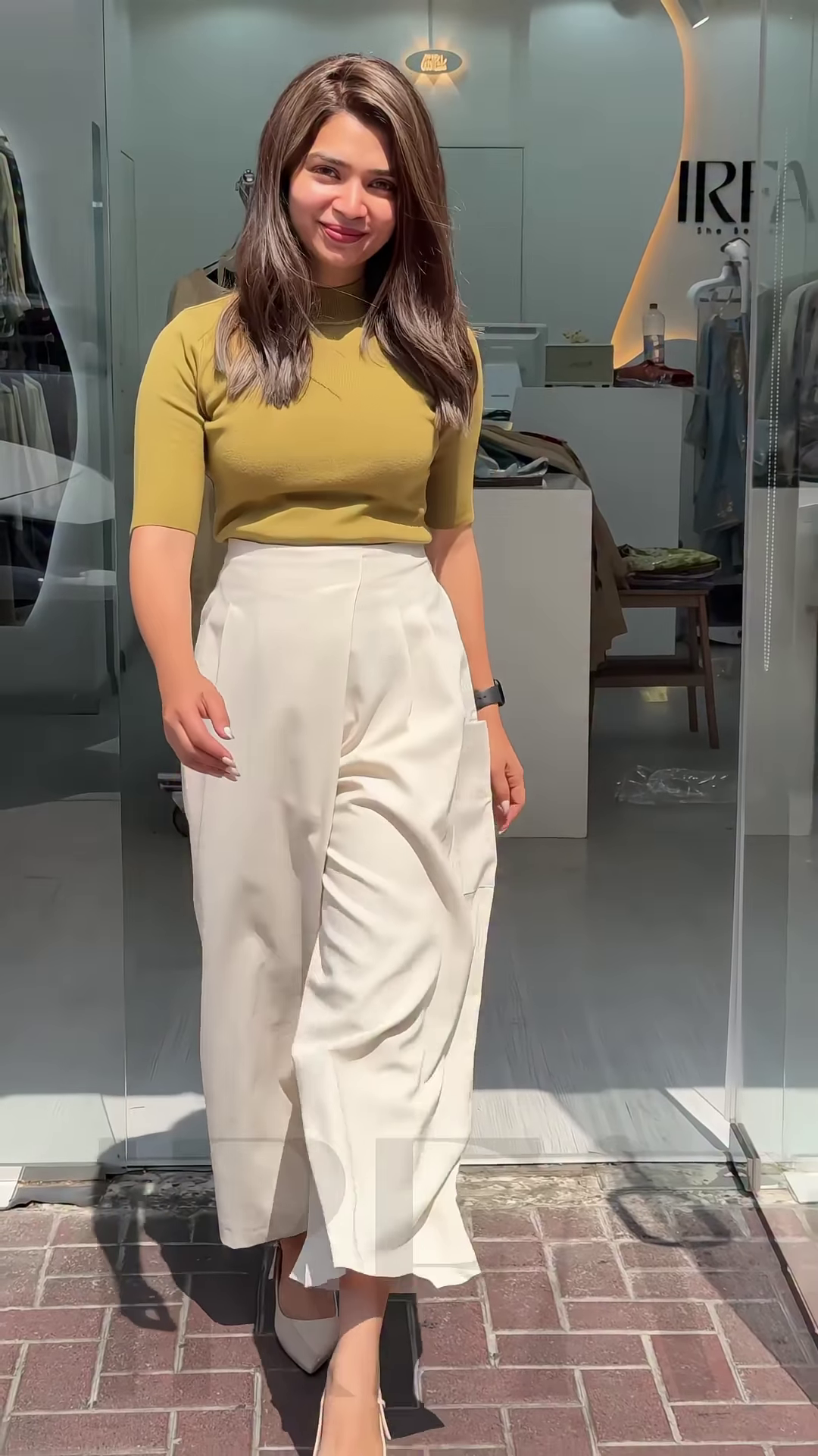 Women’s Mustard Short Sleeve T-Shirt with White Wide-Leg Pants – Minimalist Streetwear Look