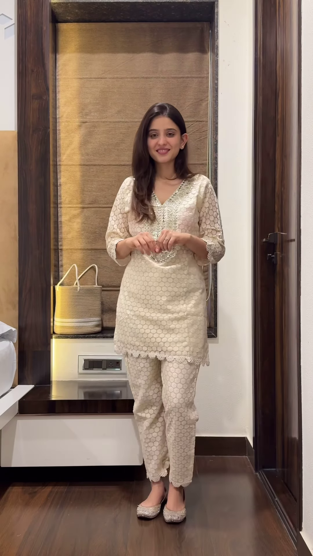 Women’s Beige Embroidered Kurta Pant Set with Geometric Pink-Green Motifs – Cultural Boutique Portrait Edit