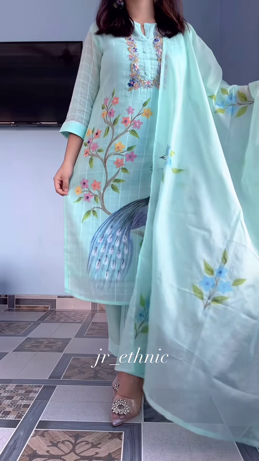 Women’s Light Blue Printed Kurta Churidar Dupatta Set with Floral & Peacock Motifs – Elegant Ethnicwear