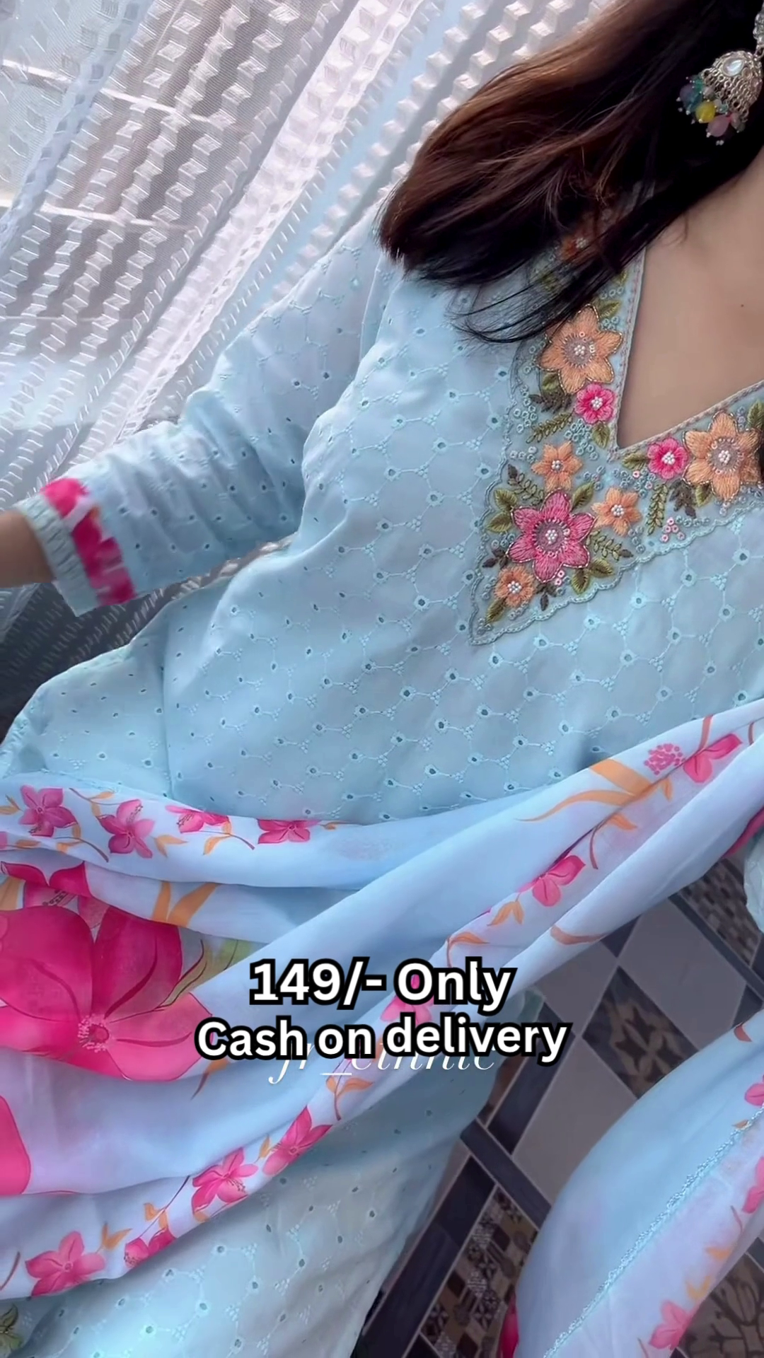 Women’s Light Blue Floral Printed Kurti with Matching Dupatta