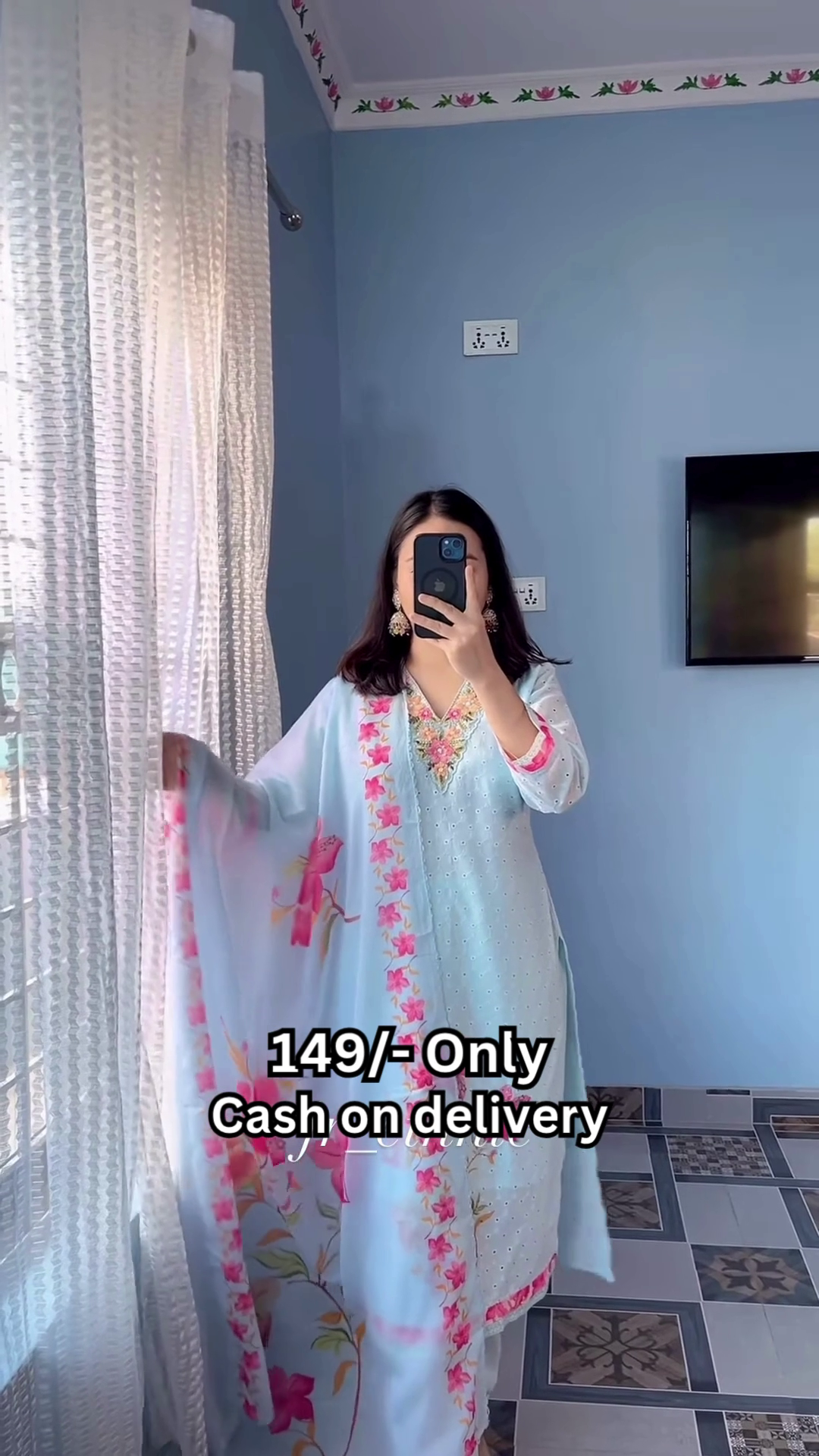 Women’s Light Blue Floral Printed Kurti with Matching Dupatta