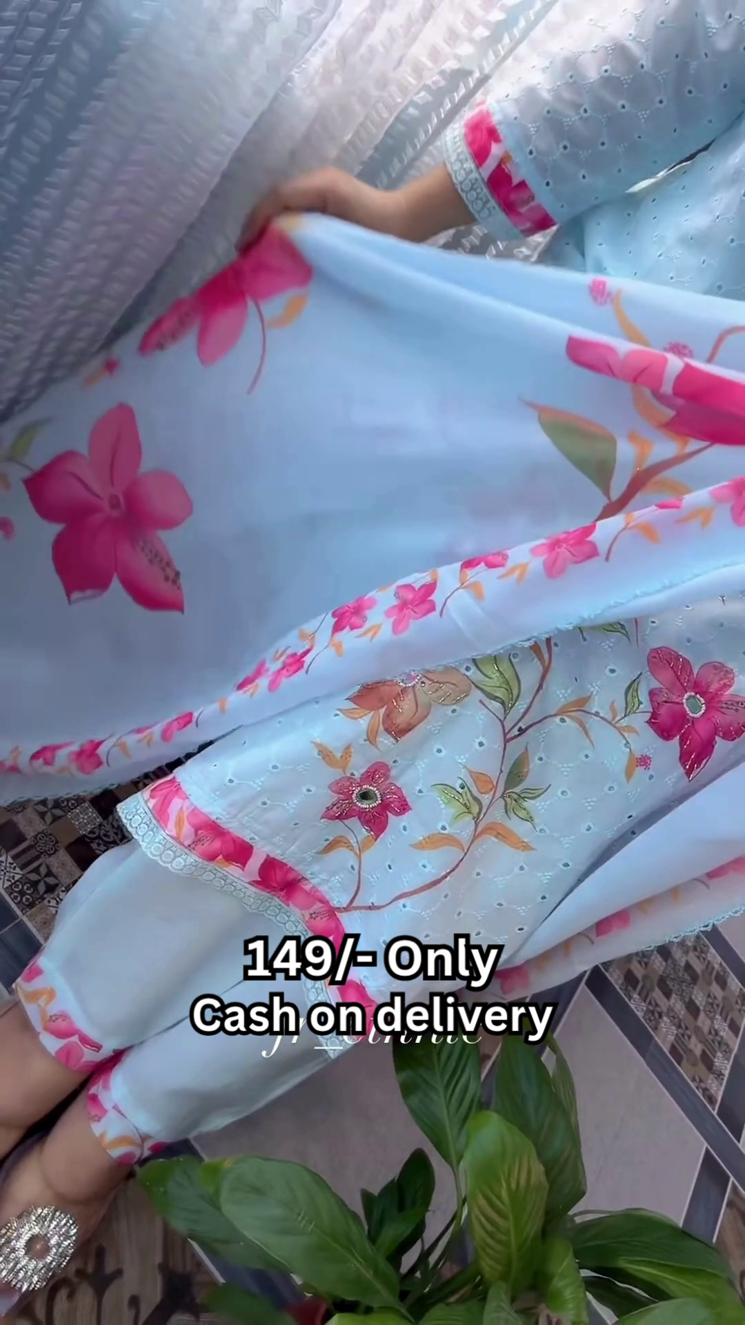 Women’s Light Blue Floral Printed Kurti with Matching Dupatta