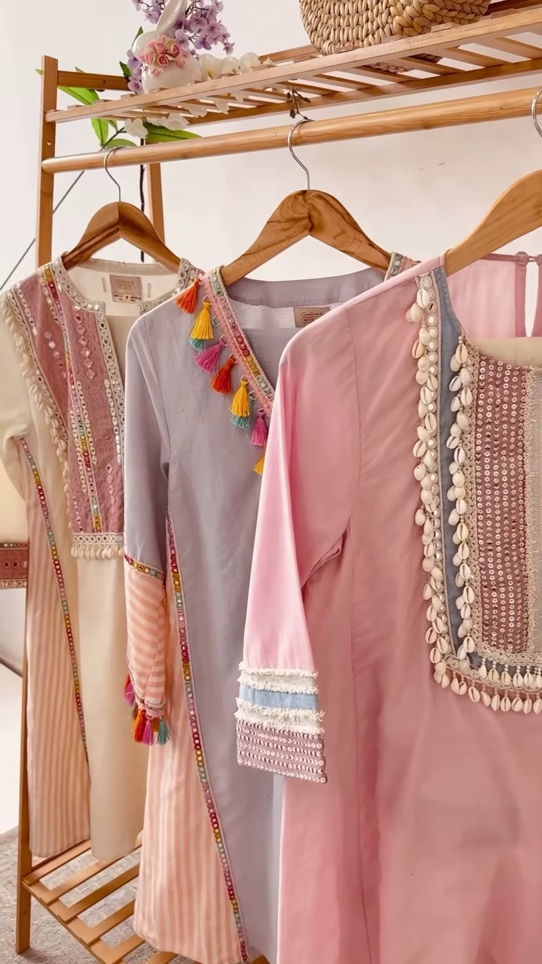 Women’s Baby Pink Beaded Kurti with Shell Accents – Premium Embroidered Ethnicwear for Boutique Collections