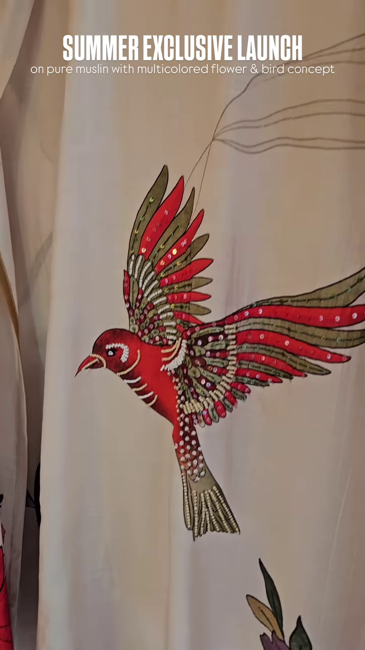 Pure Muslin Fabric with Multicolor Floral & Bird Print – “Summer Exclusive Launch” Textile Promotion