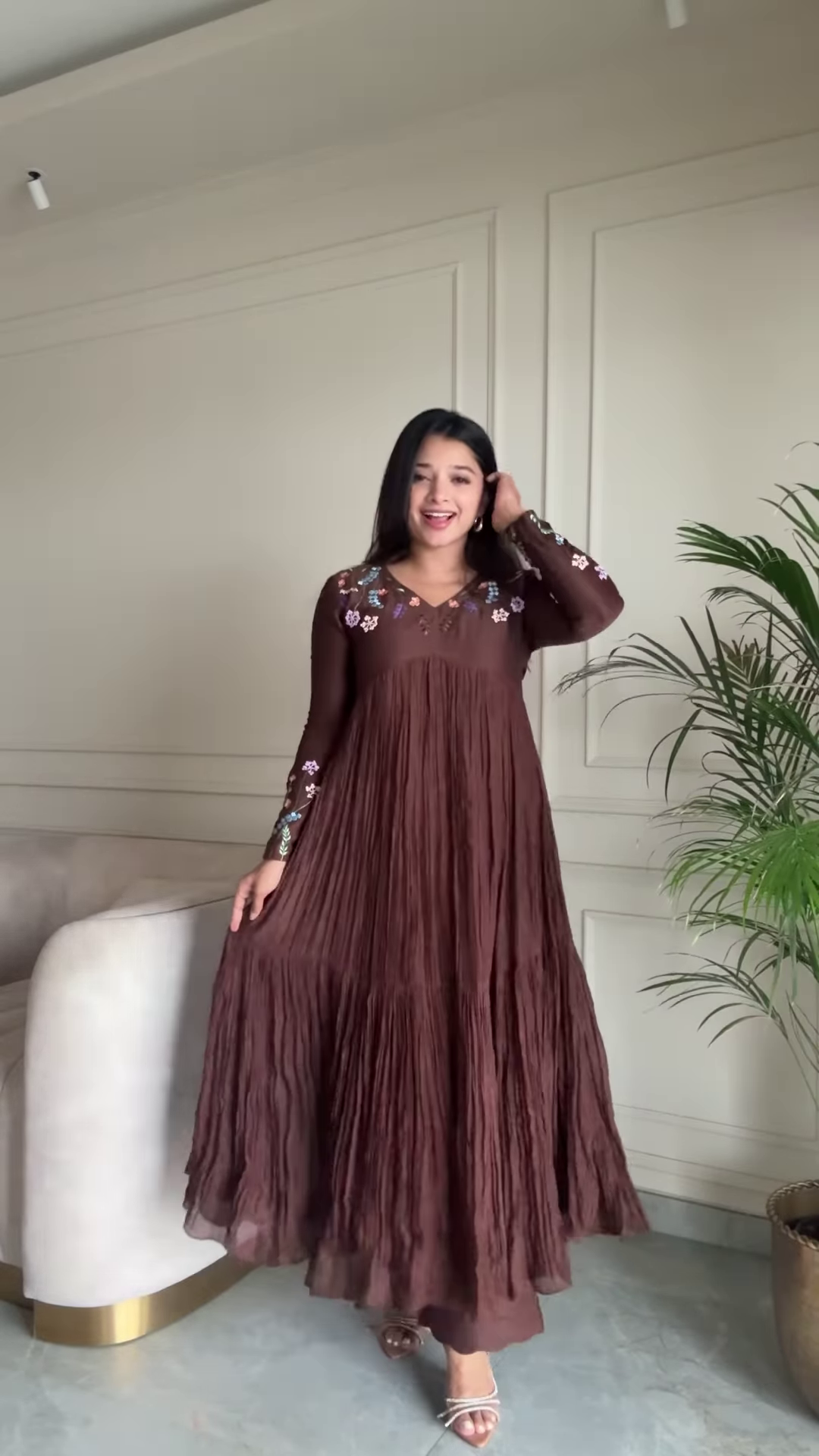 Women’s Brown Floral Embroidered Maxi Dress with Pleated Skirt – Elegant Indo-Western Casualwear