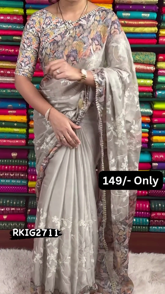 Women’s Floral-Patterned Beige Saree with White Embroidered Pallu