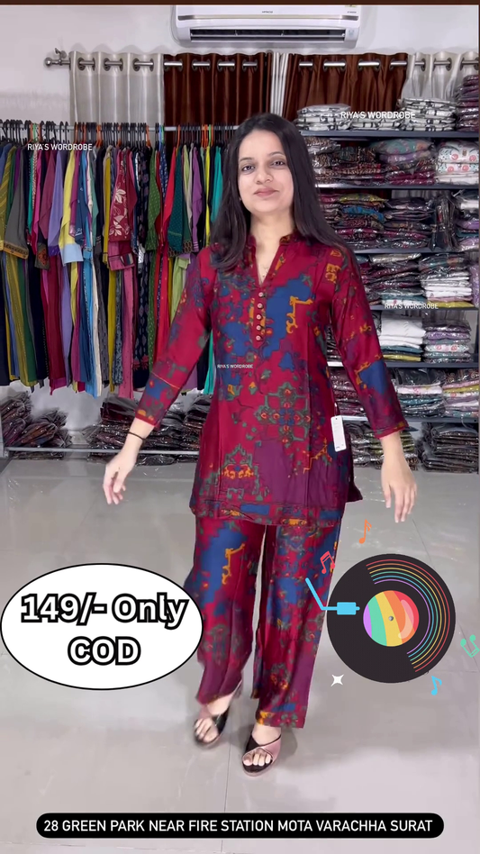 Women’s Multicolor Abstract Printed Kurti with Matching Pants – Ethnic Fusion Co-Ord Set with Music-Themed Backdrop
