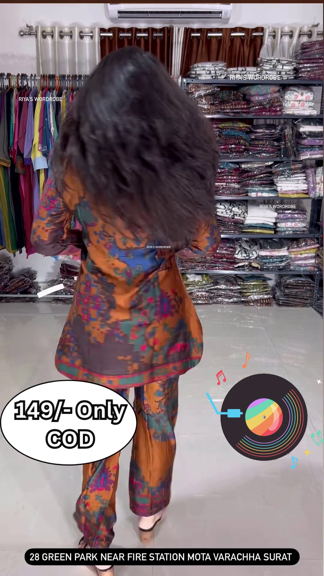 Women’s Multicolor Abstract Printed Kurti with Matching Pants – Ethnic Fusion Co-Ord Set with Music-Themed Backdrop