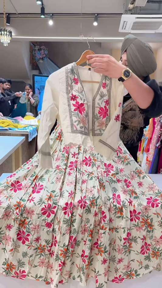 Women’s Cream Floral Embroidered Anarkali Dress with Fitted Bodice & Flared Hem – Vibrant Occasionwear for Ethnic Styling