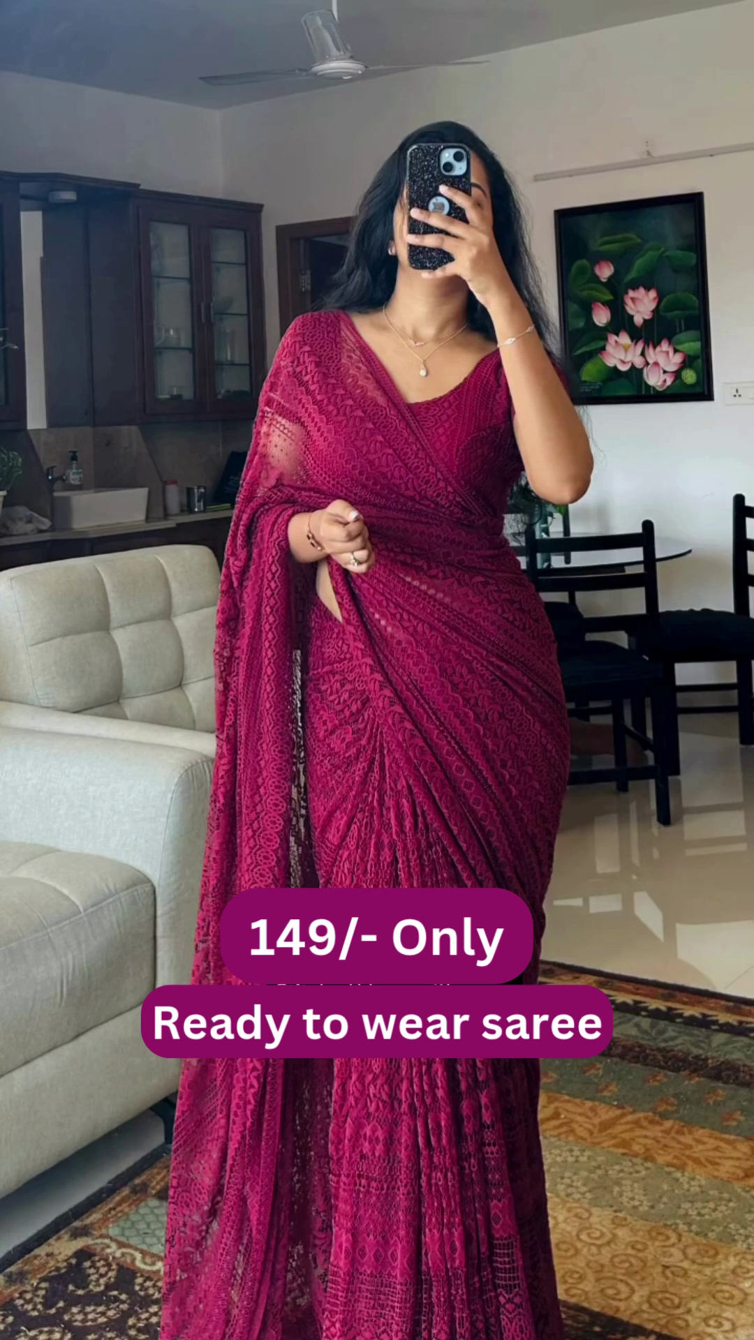 Women’s Maroon Lace Saree with Intricate Floral Border – Ready-to-Wear Ethnic Ensemble with Homestyle Presentation