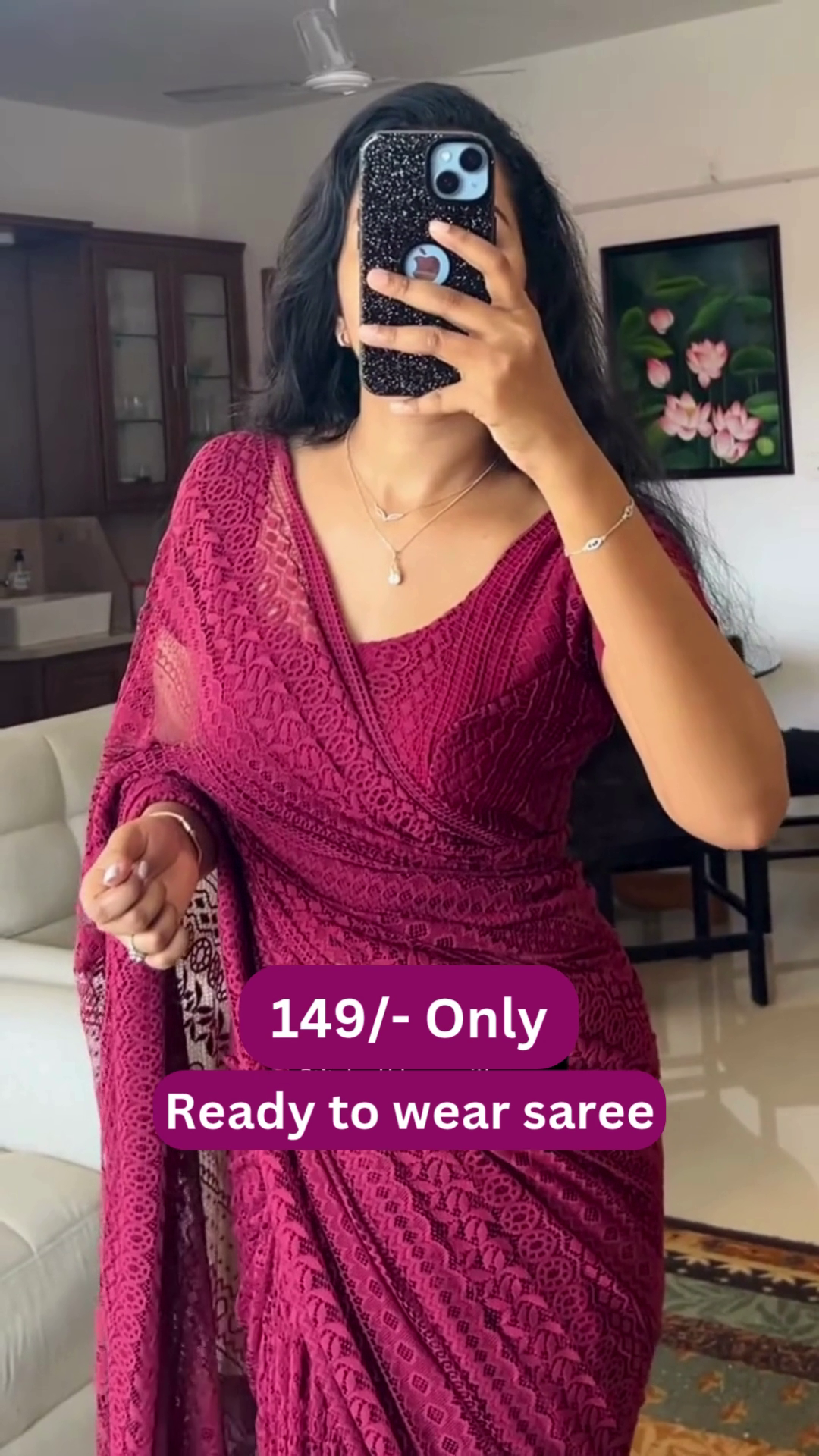 Women’s Maroon Lace Saree with Intricate Floral Border – Ready-to-Wear Ethnic Ensemble with Homestyle Presentation