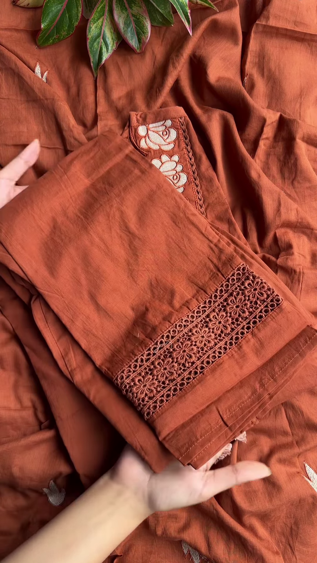 Women’s Reddish-Brown Ethnic Kurti with Floral Embroidery, Tassels & Shell Accents – Handcrafted Neckline Detailing for Festive Styling