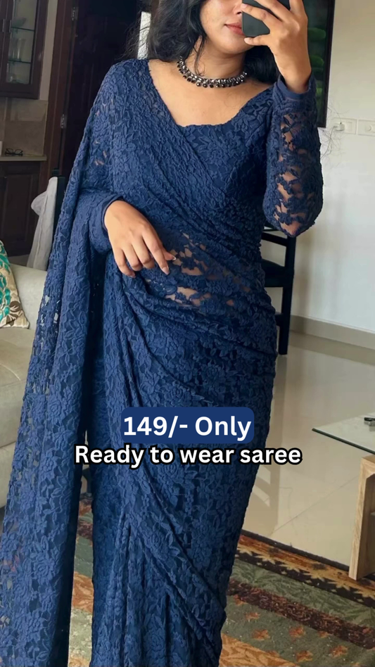 Women’s Dark Blue Lace Saree with Floral Patterns & Matching Blouse – Ready-to-Wear Ethnic Ensemble Styled with Beaded Necklace