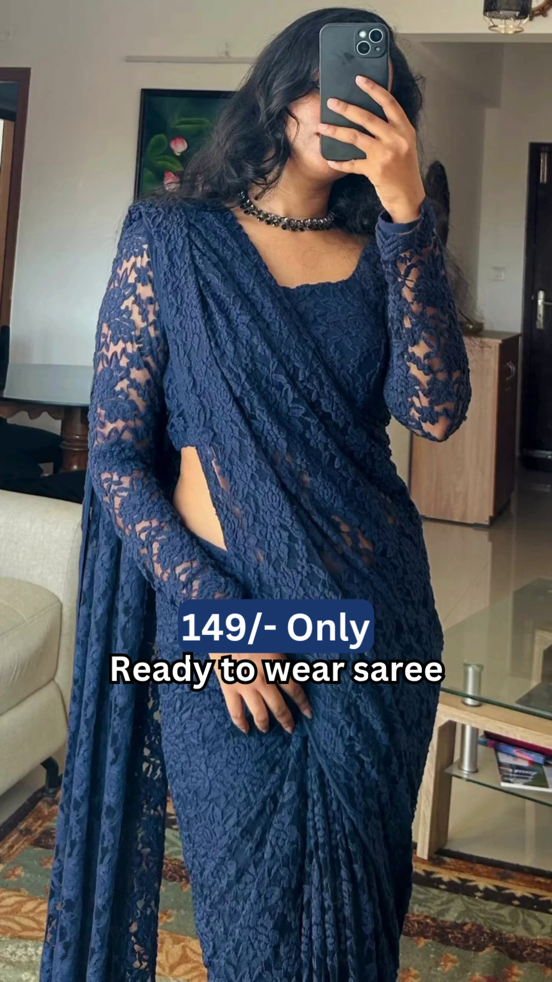 Women’s Dark Blue Lace Saree with Floral Patterns & Matching Blouse – Ready-to-Wear Ethnic Ensemble Styled with Beaded Necklace