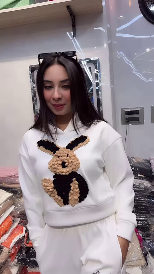 Bunny Print Hoodie & Jogger Co-ord Set β White & Brown Combo