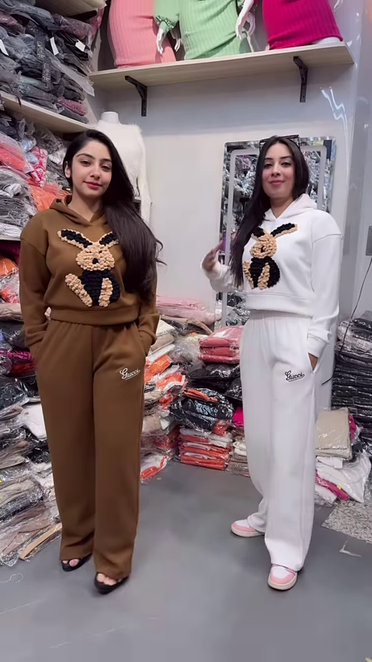 Bunny Print Hoodie & Jogger Co-ord Set β White & Brown Combo