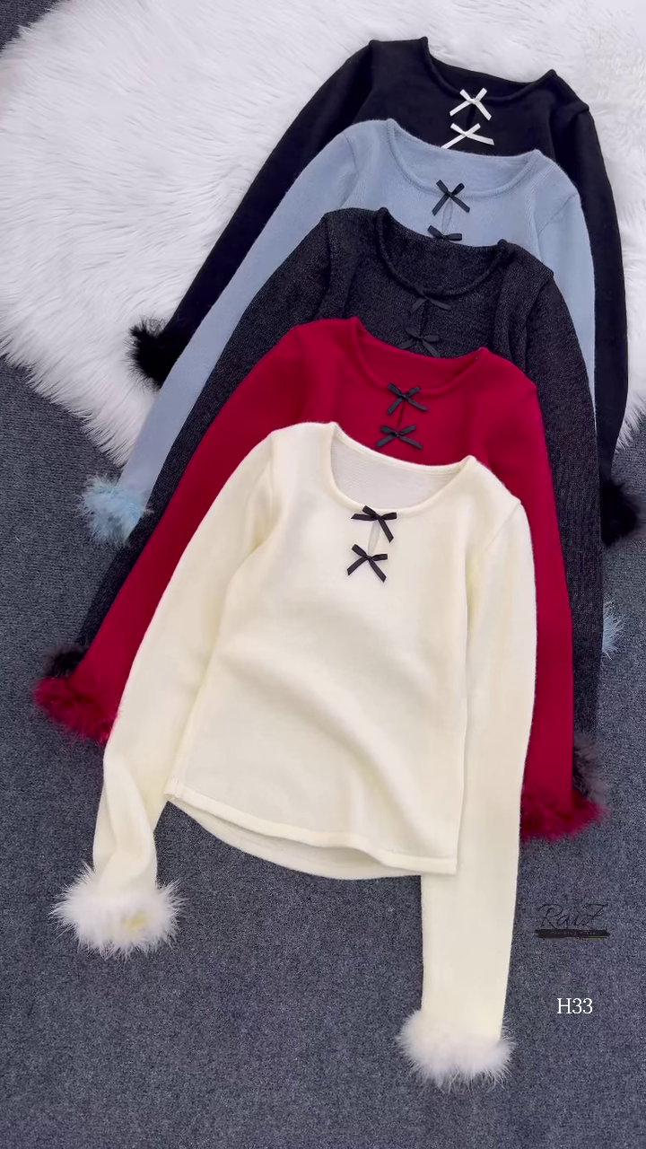 Fur-Cuffed Bow Detail Sweaters š§„ Available in Black, Light Blue, Dark Grey, Red & Cream