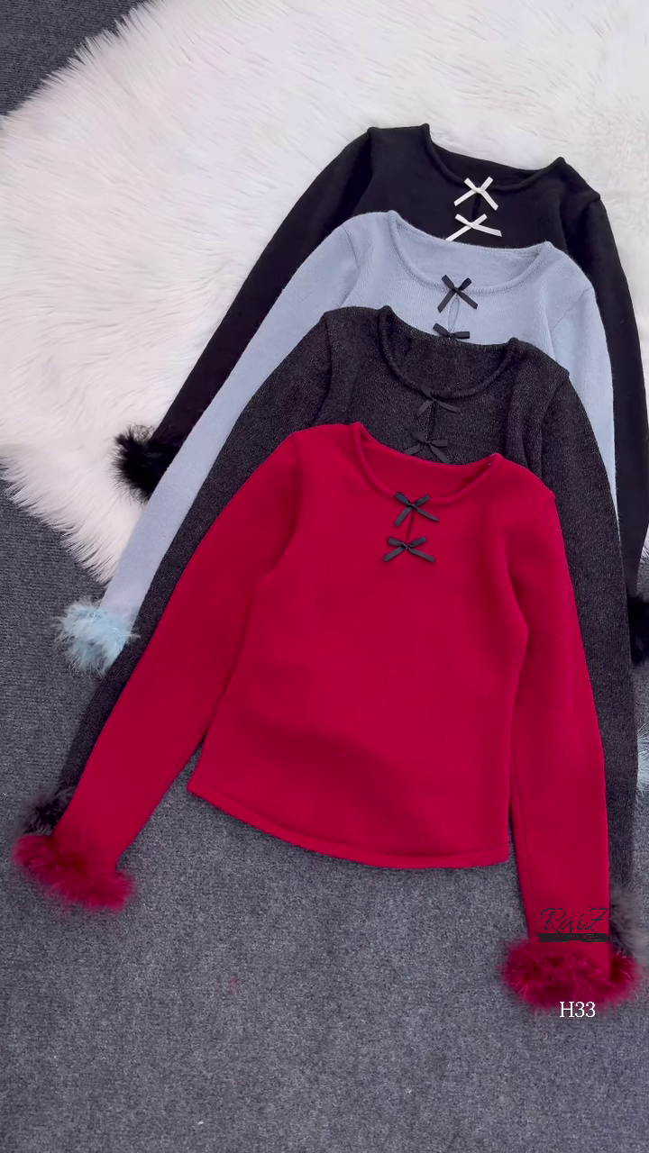 Fur-Cuffed Bow Detail Sweaters š§„ Available in Black, Light Blue, Dark Grey, Red & Cream