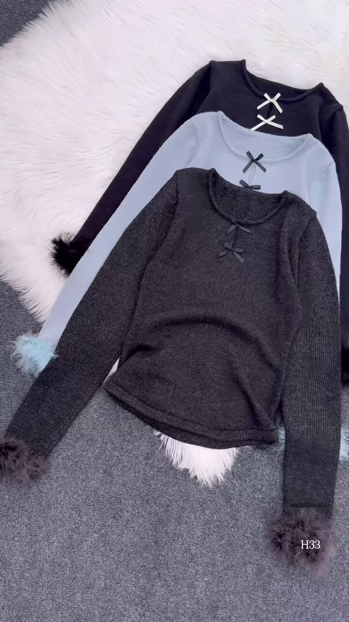Fur-Cuffed Bow Detail Sweaters š§„ Available in Black, Light Blue, Dark Grey, Red & Cream