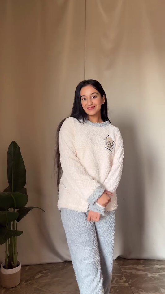 Fluffy Cartoon Co-ord Set πΎ White Top & Blue Pants β Ultra Cozy Loungewear