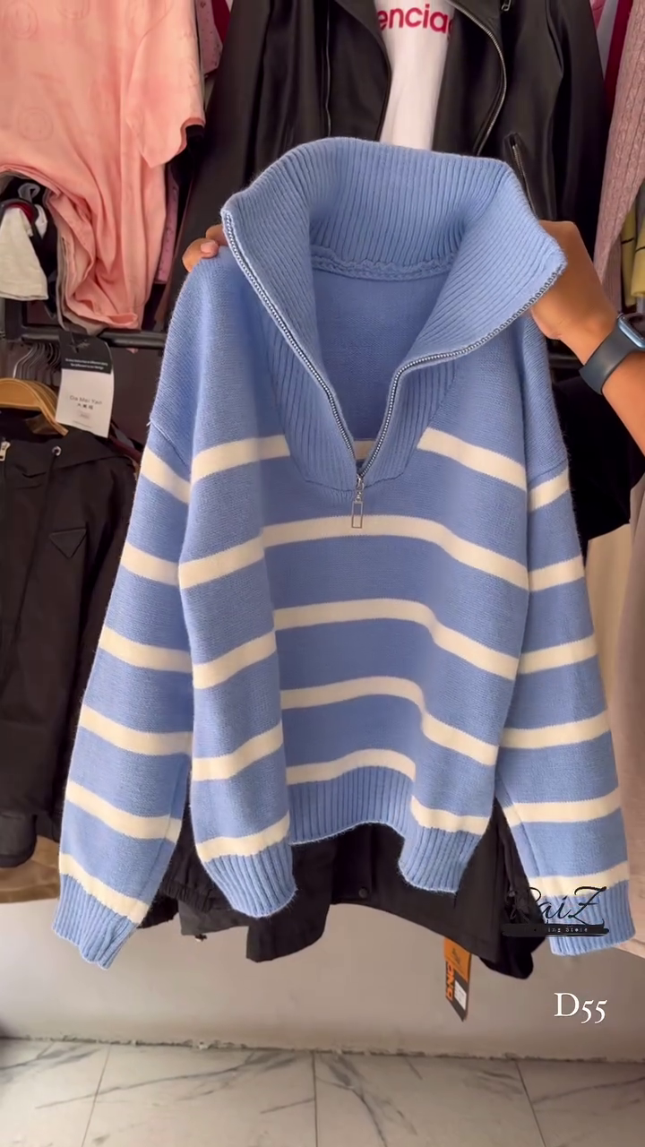Striped Knit Sweater Collection 🧶 Half-Zip & Crew Styles – Cream, Blue, Red & More
