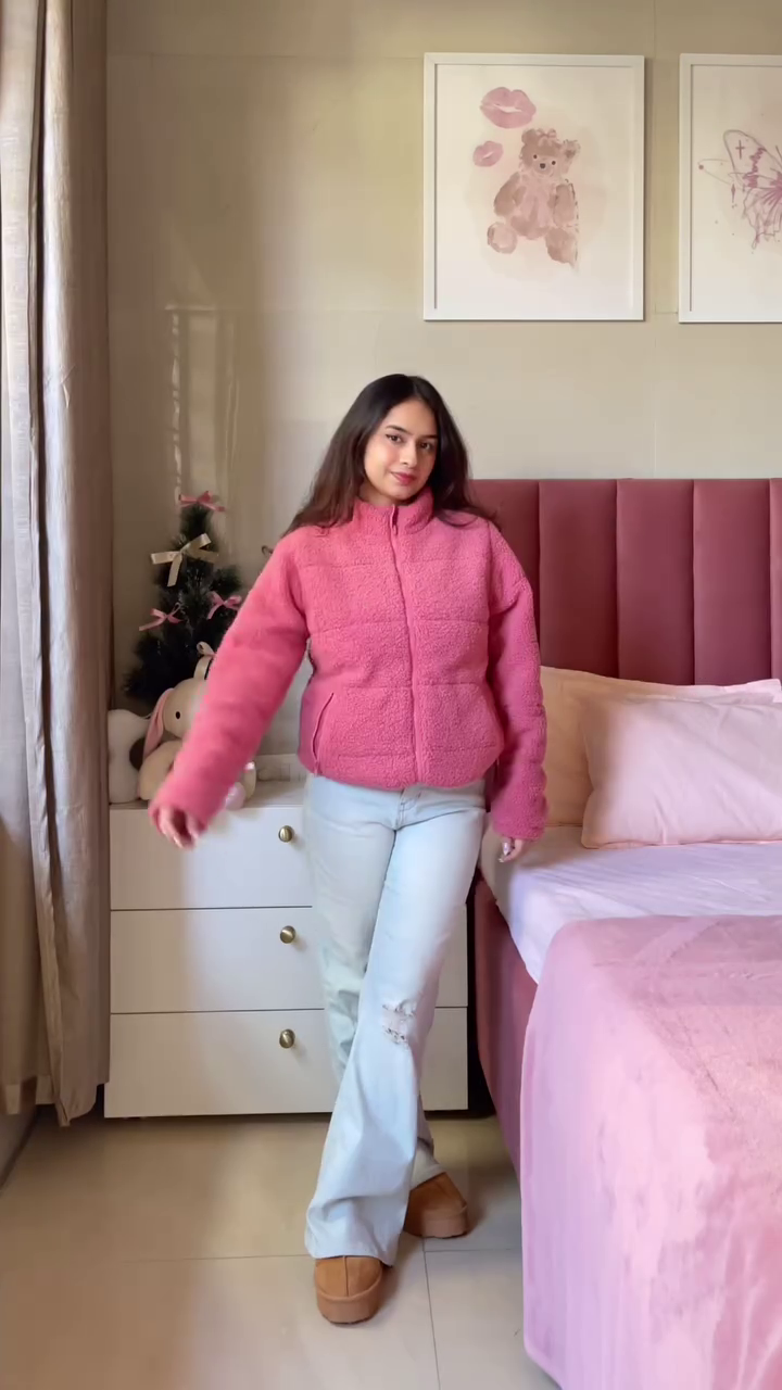 Pink Winter Jacket Look 💗 with Ripped Jeans & Brown Shoes – Cozy Bedroom Edit