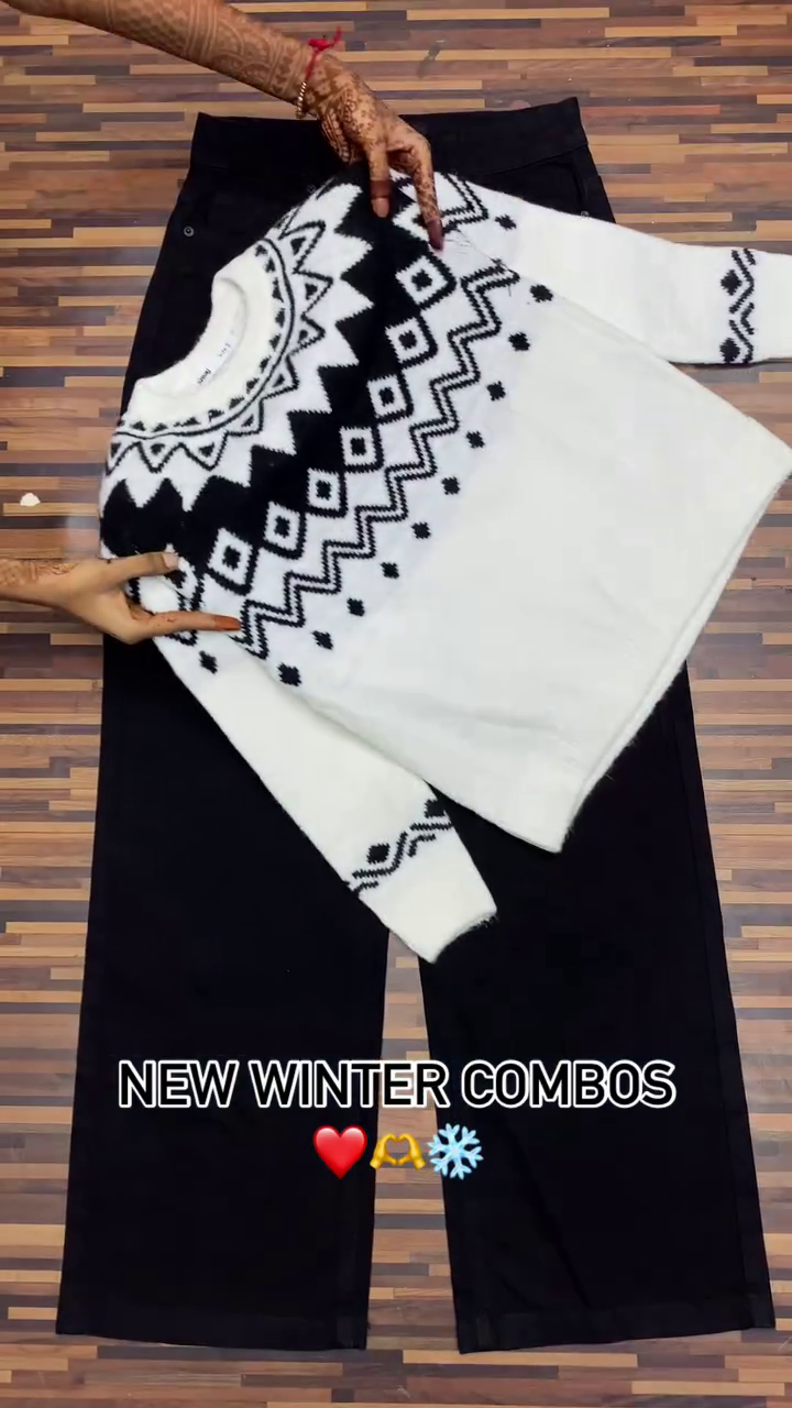 Winter Knitwear Combos ❄️ Cozy Sweaters with White & Black Pants – Floral, Wavy & Geometric Styles