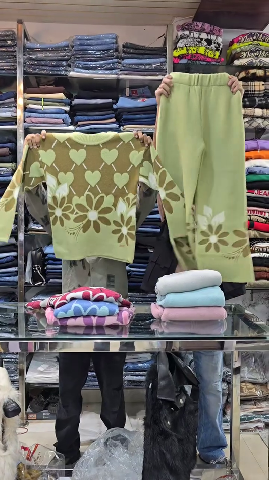 Floral Knit Co-ord Sets πΈ Heart & Flower Patterns β Purple, Green & Pink Variants