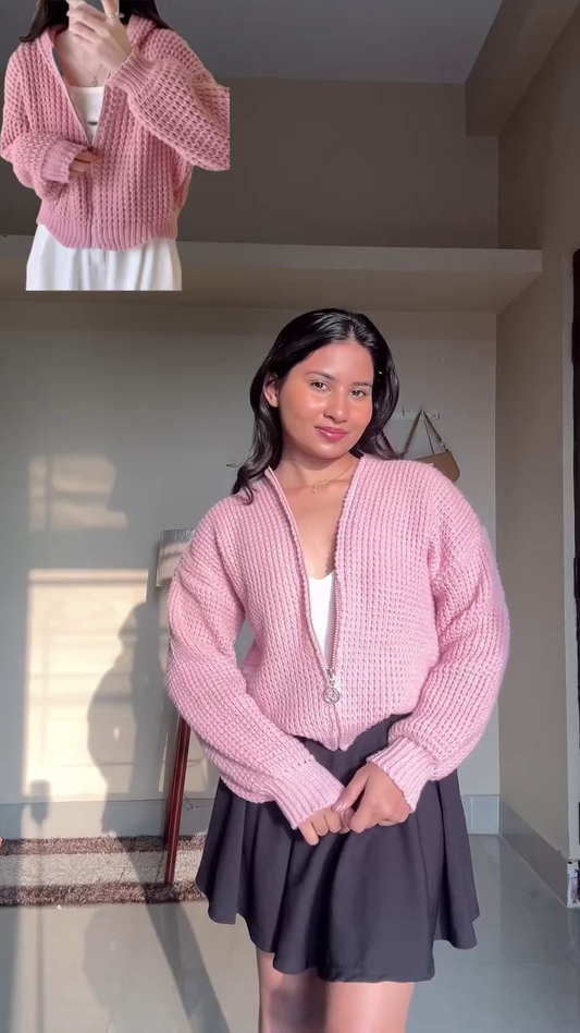 Bubblegum Pink Chunky Knit Zip Cardigan β Plush, Youthful, and All-Day Cozy β¨