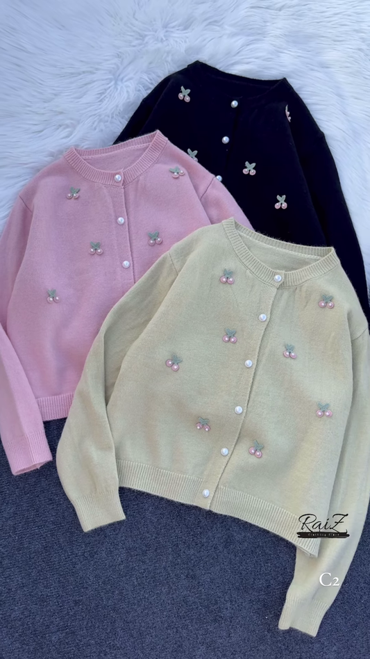 Cherry Embroidered Knit Cardigans ๐๐งถ With Pearl Buttons โ Beige, Mint, Red & White Variants