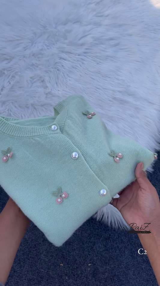 Cherry Embroidered Knit Cardigans ๐๐งถ With Pearl Buttons โ Beige, Mint, Red & White Variants