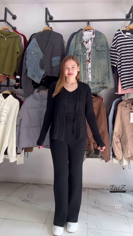 Textured Knit Co-ord Sets π§Άπ©Ά With Cardigans & V-Neck Sweaters β Black, Blue & Grey Variants