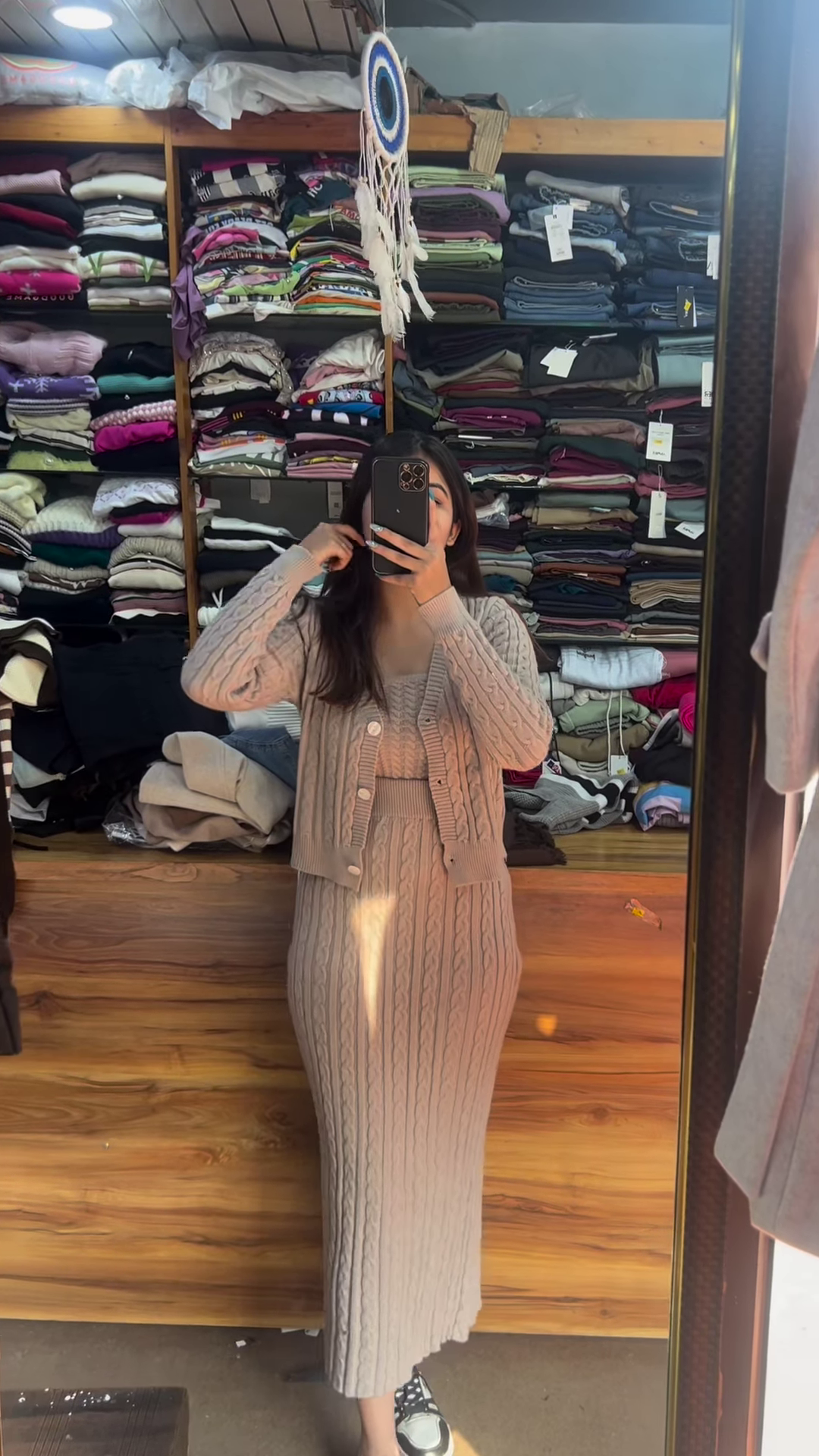 Knitted 3-Piece Co-ord Set 🧶🤍 With Cardigan, Crop Top & Long Skirt – Beige Variant