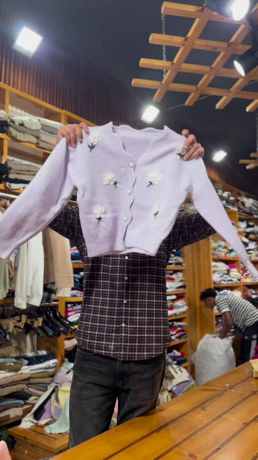 Floral Embroidered Knit Cardigans πΈπ§Ά With Pearl Buttons β Purple, Blue & Pink Variants