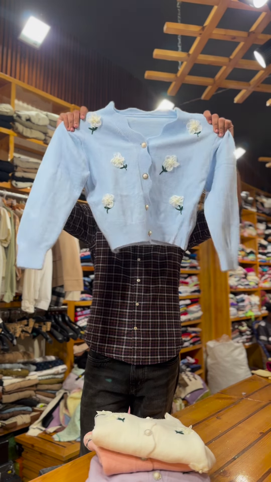 Floral Embroidered Knit Cardigans πΈπ§Ά With Pearl Buttons β Purple, Blue & Pink Variants