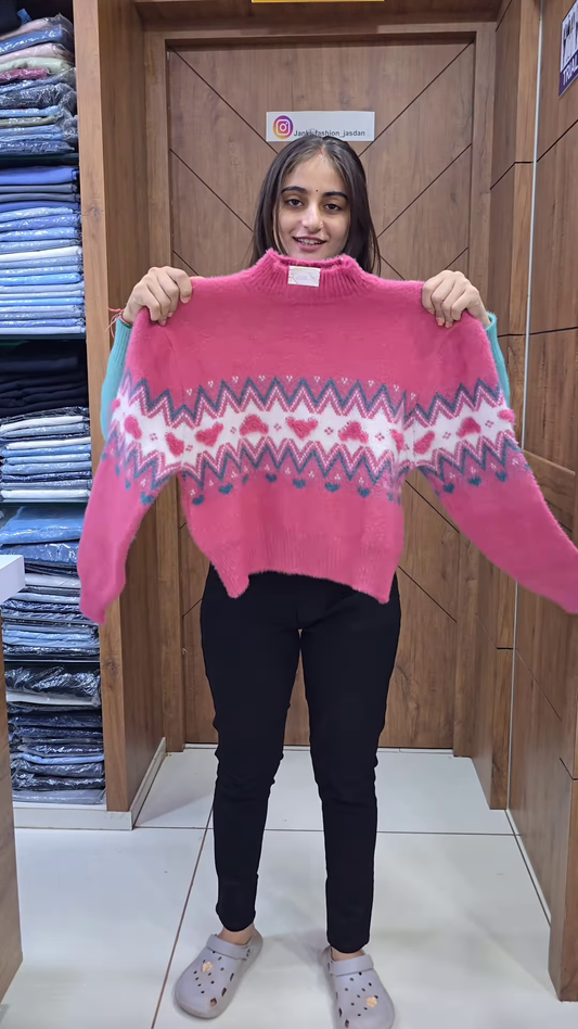 Graphic Pattern Knit Sweaters π§Άπ With Heart & Geometric Motifs β Pink & Blue Variants